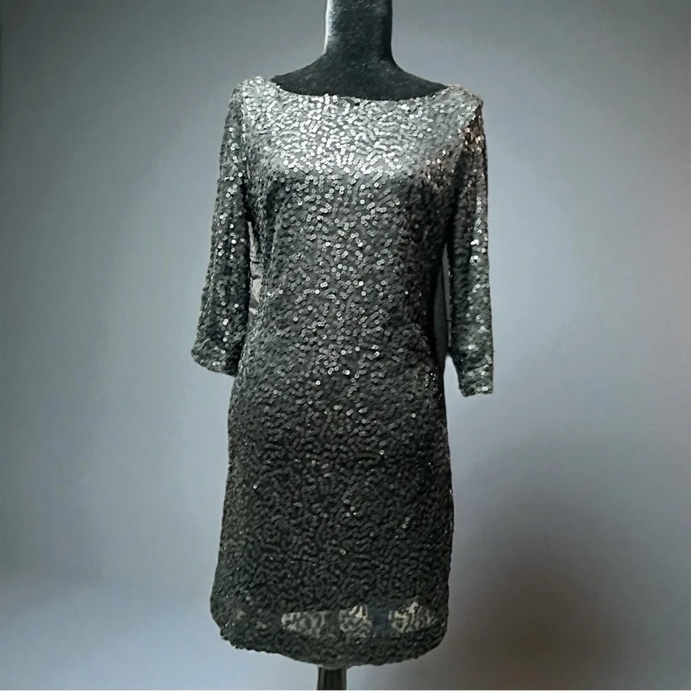 Jessica Simpson Black Sequin Long Sleeve Draped Back Mini Dress Sz 8 NWT - Picture 1 of 9